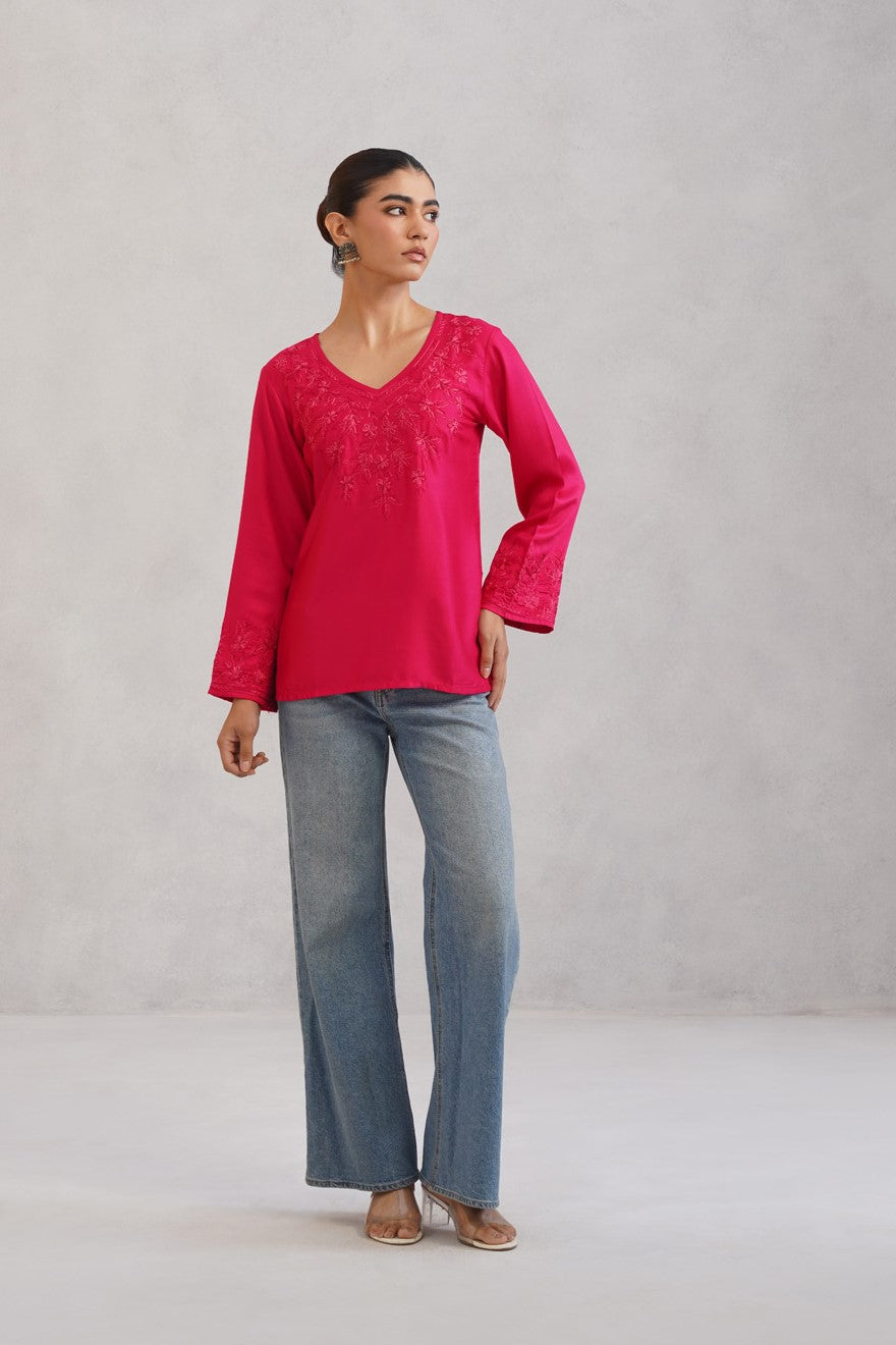 Nuresa Deep Pink Floral Embroidered Top