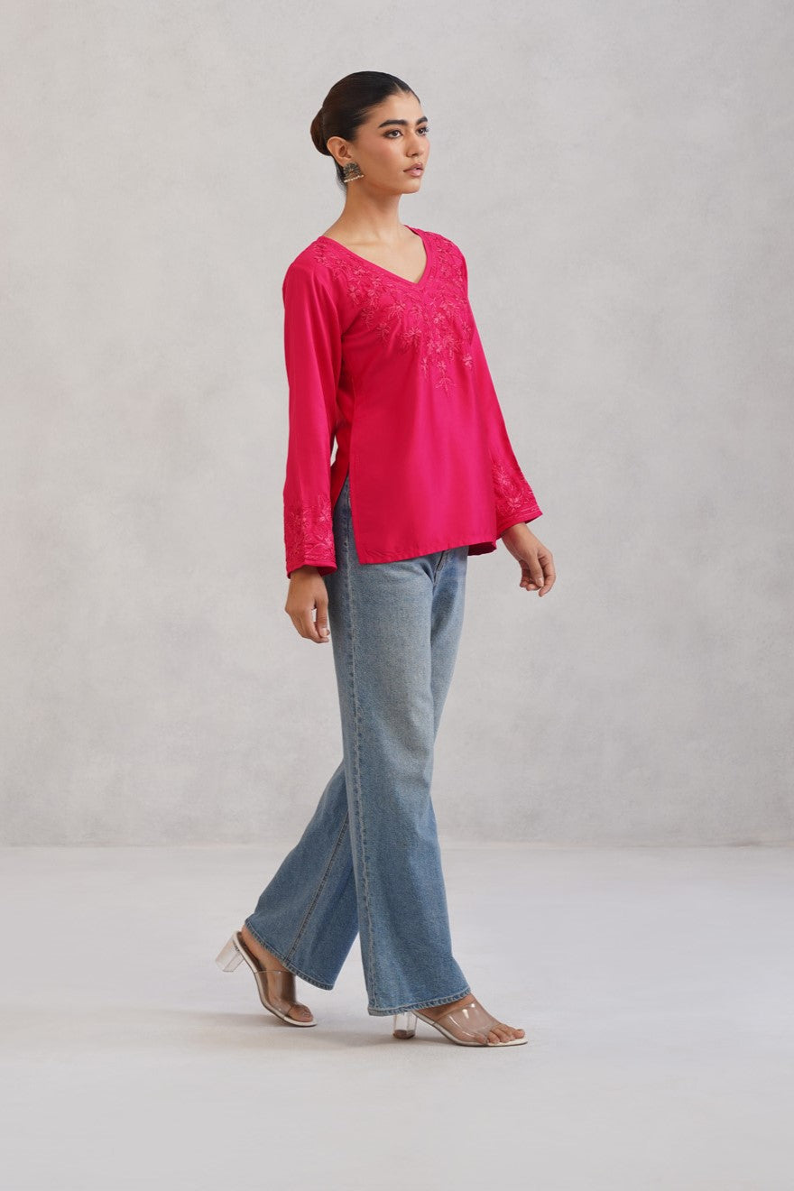 Nuresa Deep Pink Floral Embroidered Top