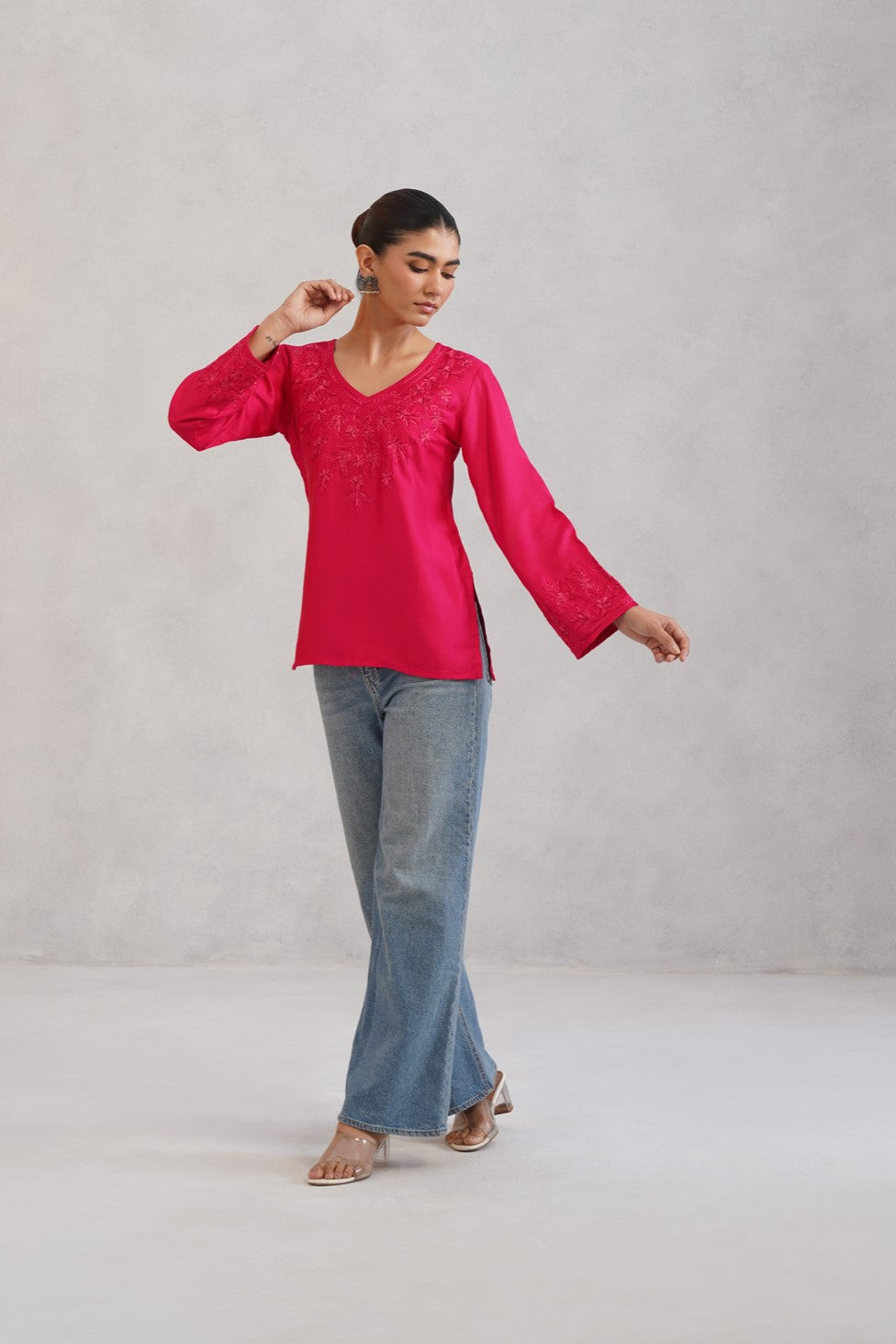 Nuresa Deep Pink Floral Embroidered Top