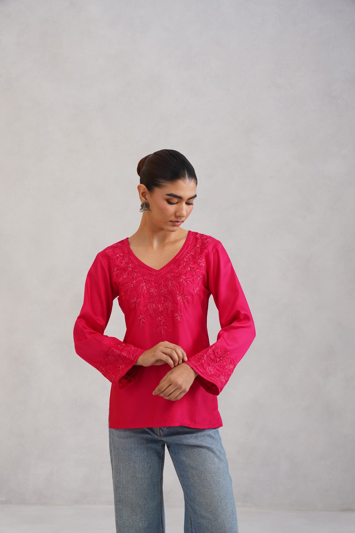 Nuresa Deep Pink Floral Embroidered Top