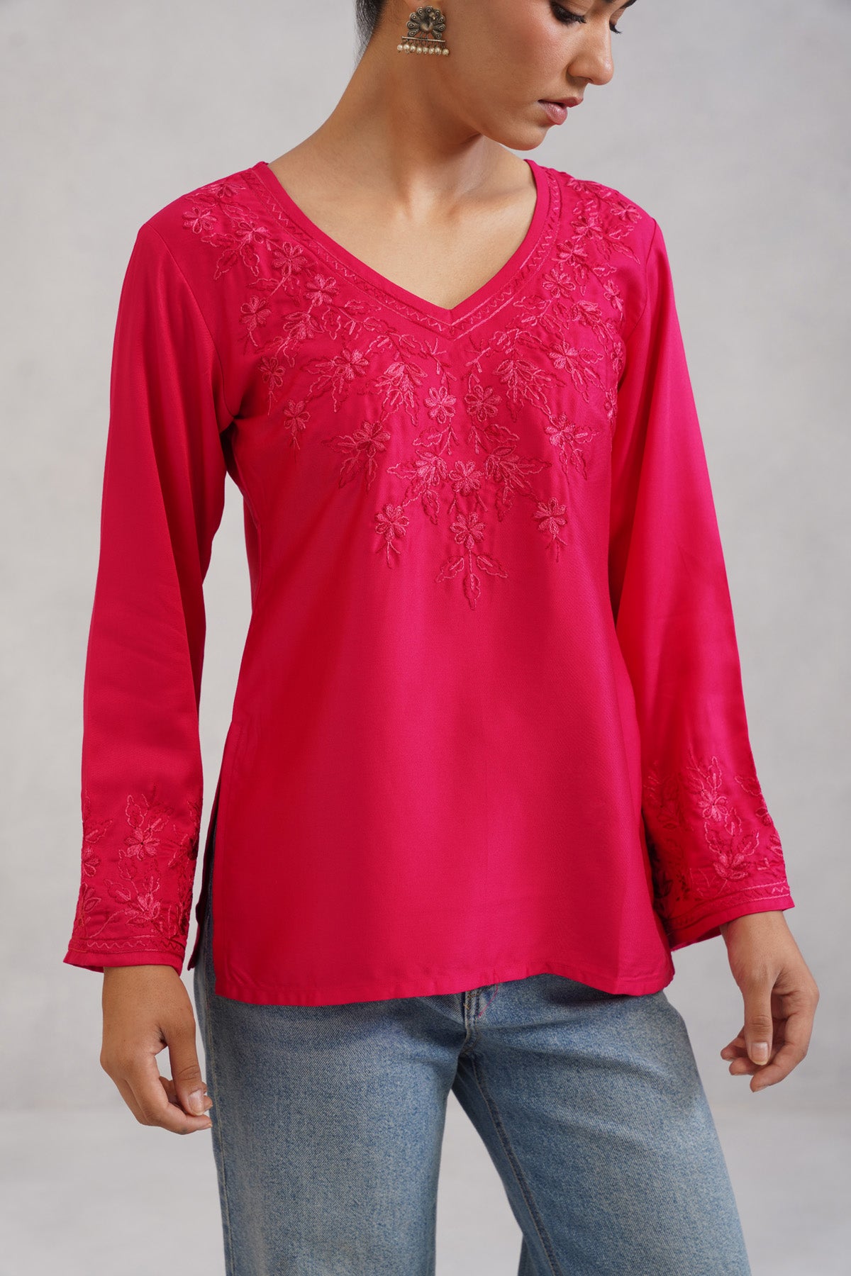 Nuresa Deep Pink Floral Embroidered Top