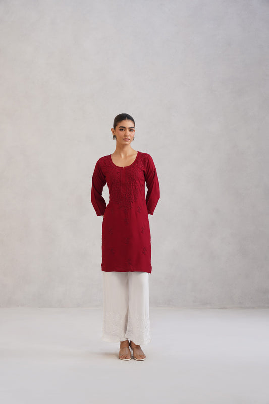 Kayra Red Embroidered Straight Kurta