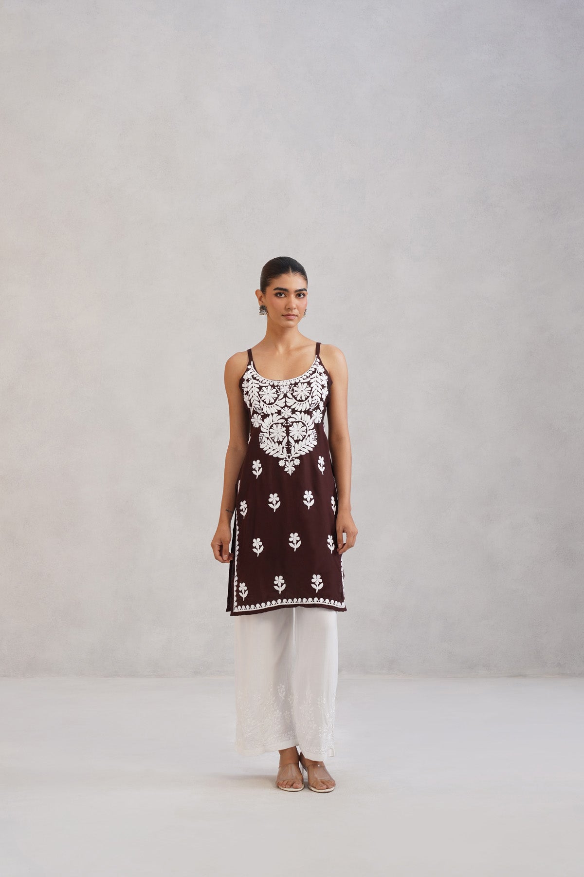 Kalindi Choco Brown Embroidered Sleeveless Straight Kurta