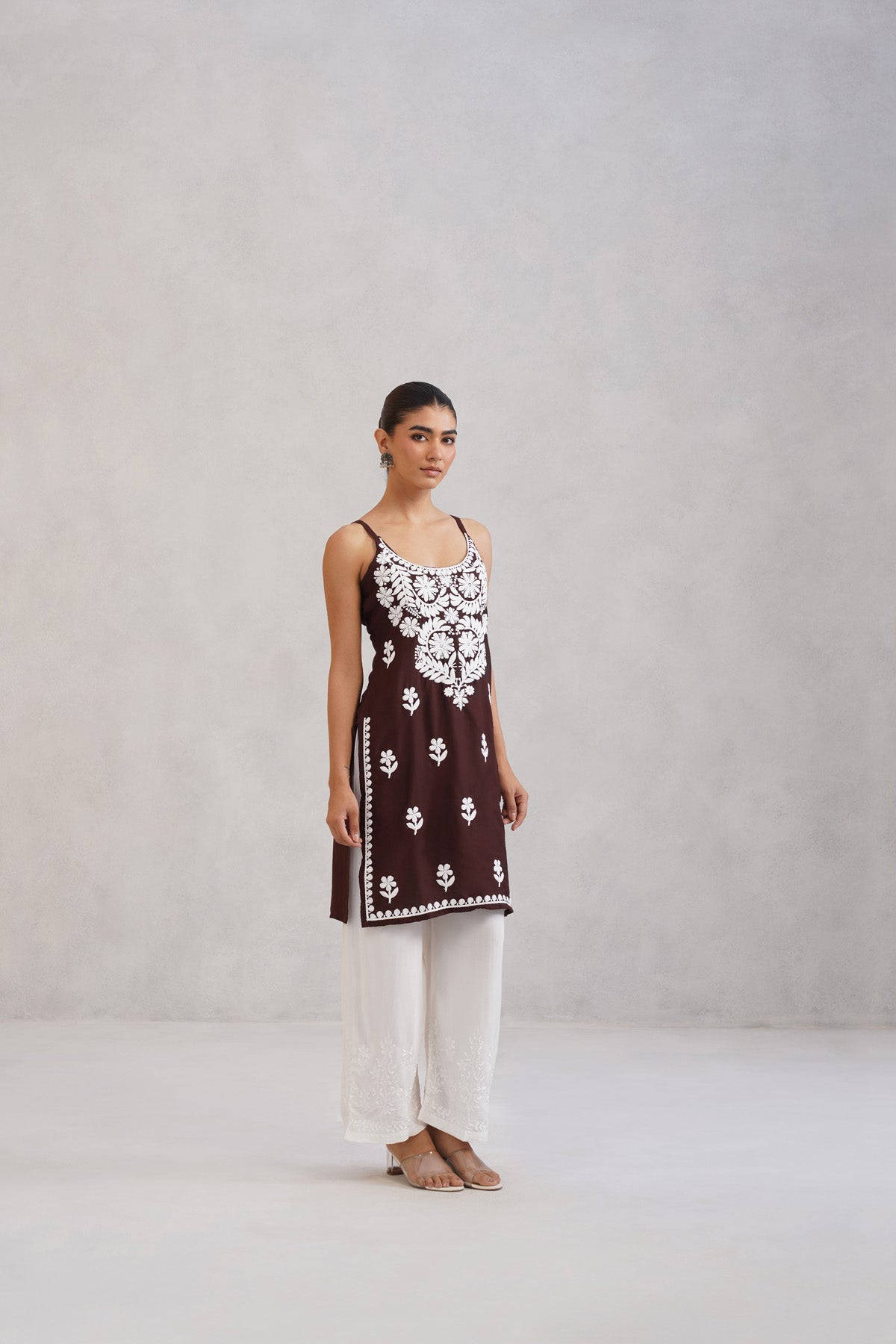 Kalindi Choco Brown Embroidered Sleeveless Straight Kurta