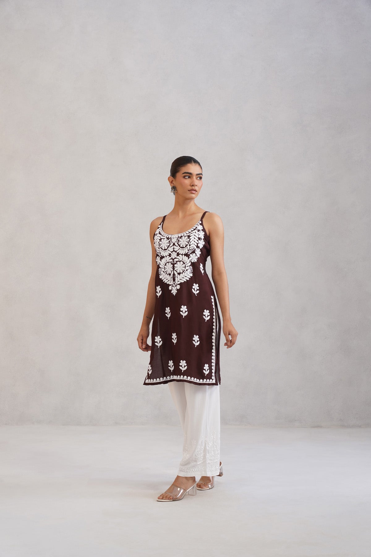 Kalindi Choco Brown Embroidered Sleeveless Straight Kurta