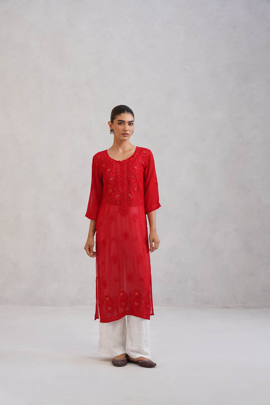 Ehsaas Red Viscose Georgette Kurta