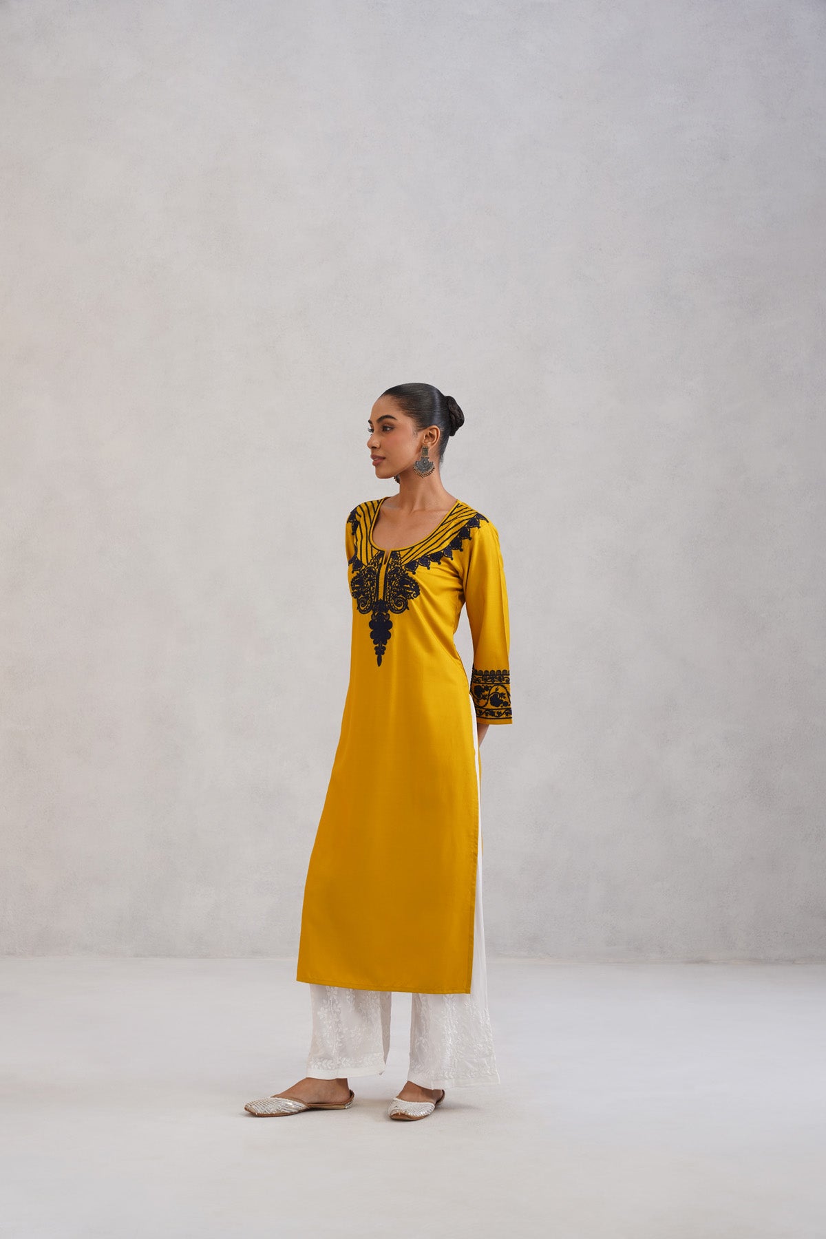 Hania Musturd Embroidered Straight Kurta with Palazzo Set