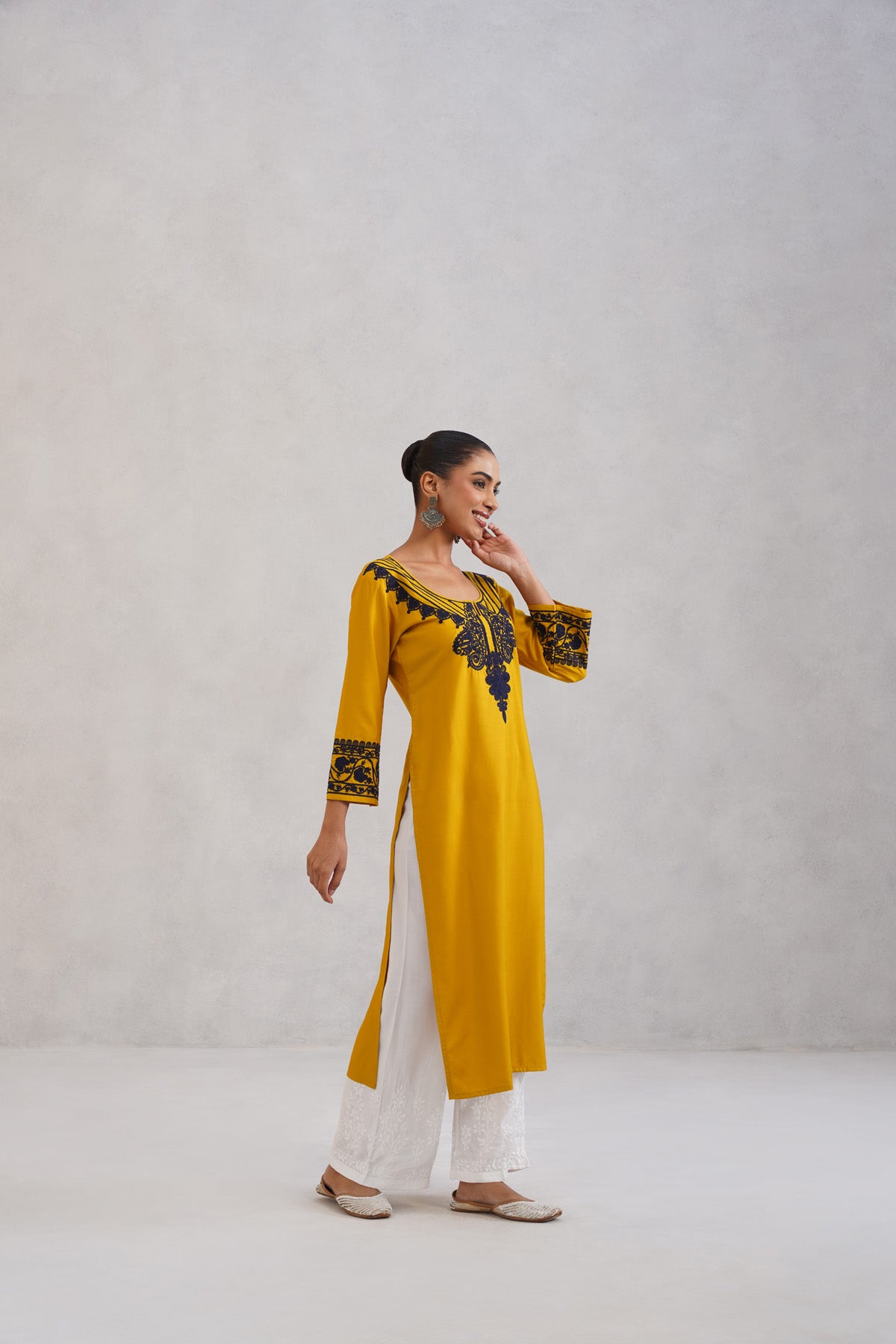 Hania Musturd Embroidered Straight Kurta with Palazzo Set