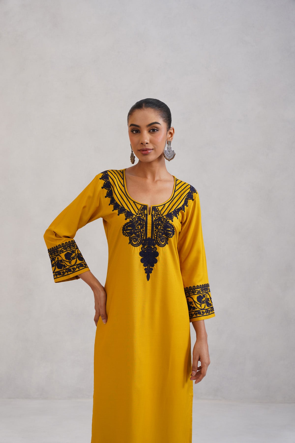 Hania Musturd Embroidered Straight Kurta with Palazzo Set