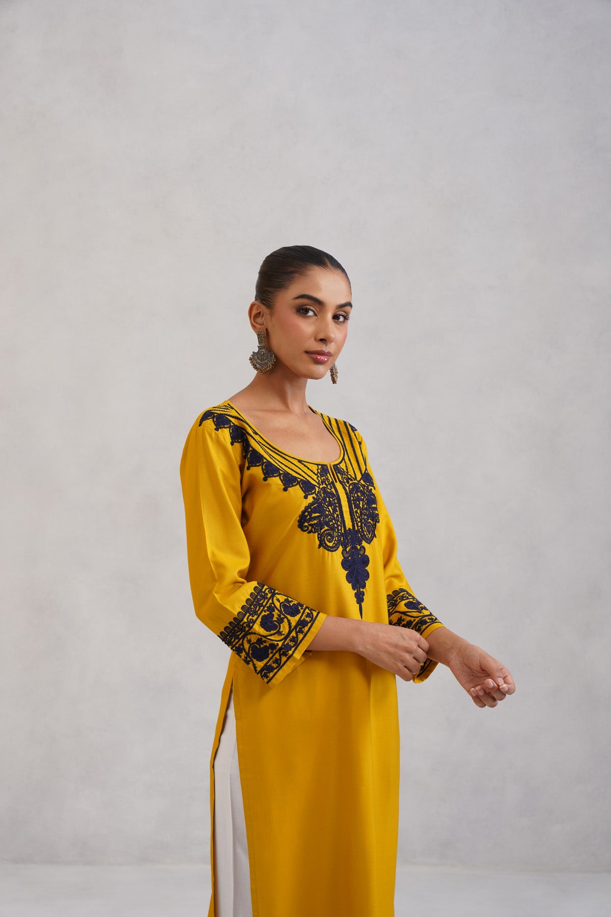 Hania Musturd Embroidered Straight Kurta with Palazzo Set