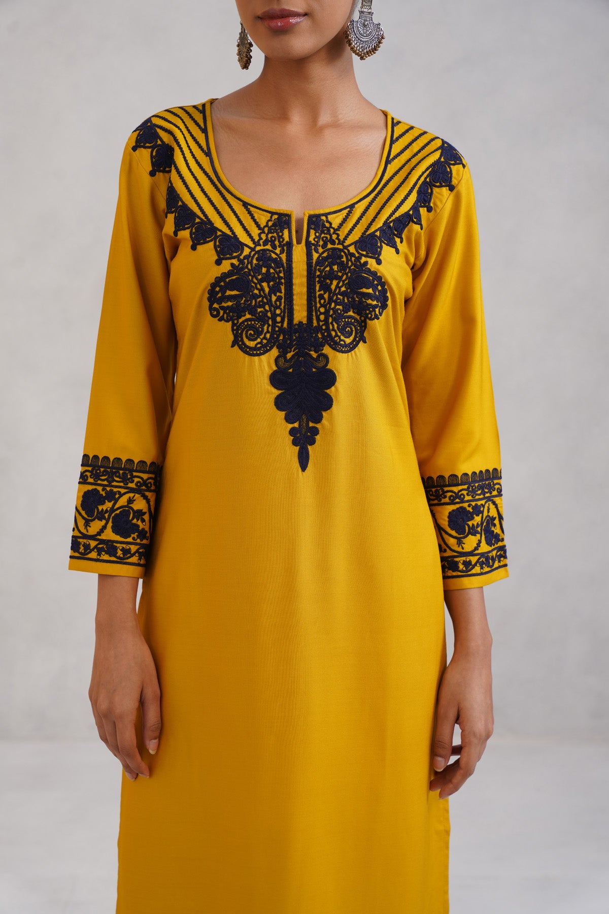 Hania Musturd Embroidered Straight Kurta with Palazzo Set