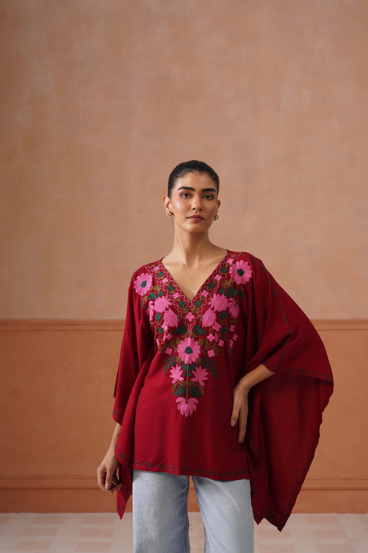 Ruby Maroon Floral Embroidered Kaftan Top with V-Neck