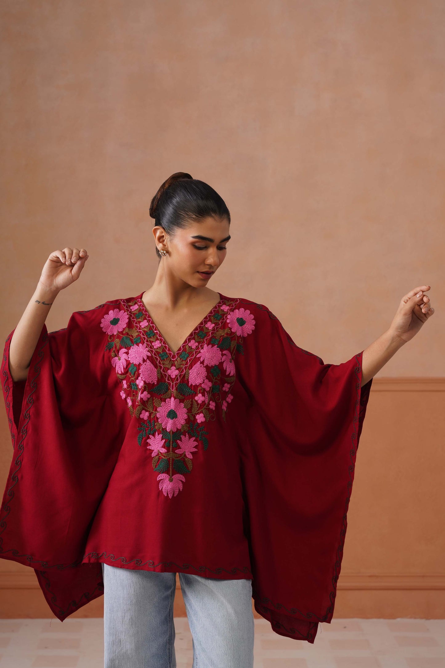 Ruby Maroon Floral Embroidered Kaftan Top with V-Neck