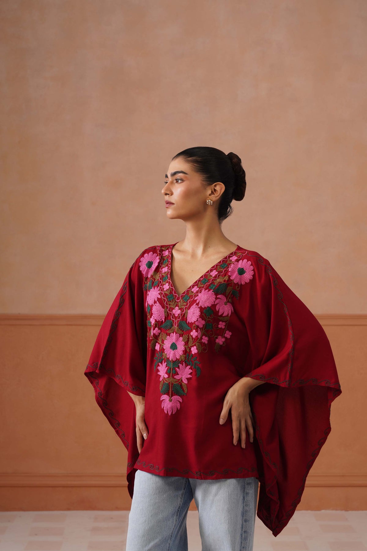 Ruby Maroon Floral Embroidered Kaftan Top with V-Neck