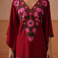 Ruby Maroon Floral Embroidered Kaftan Top with V-Neck