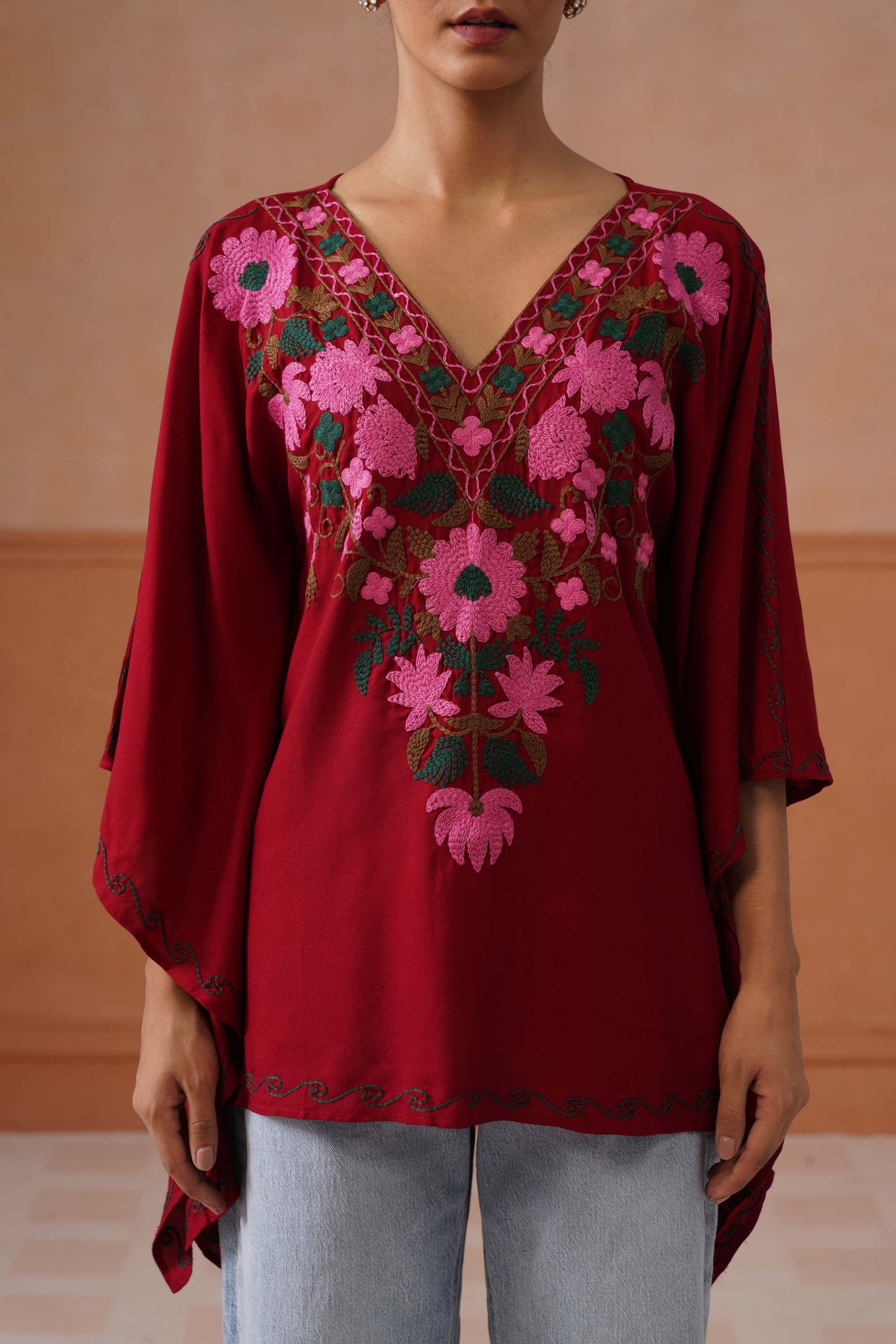 Ruby Maroon Floral Embroidered Kaftan Top with V-Neck