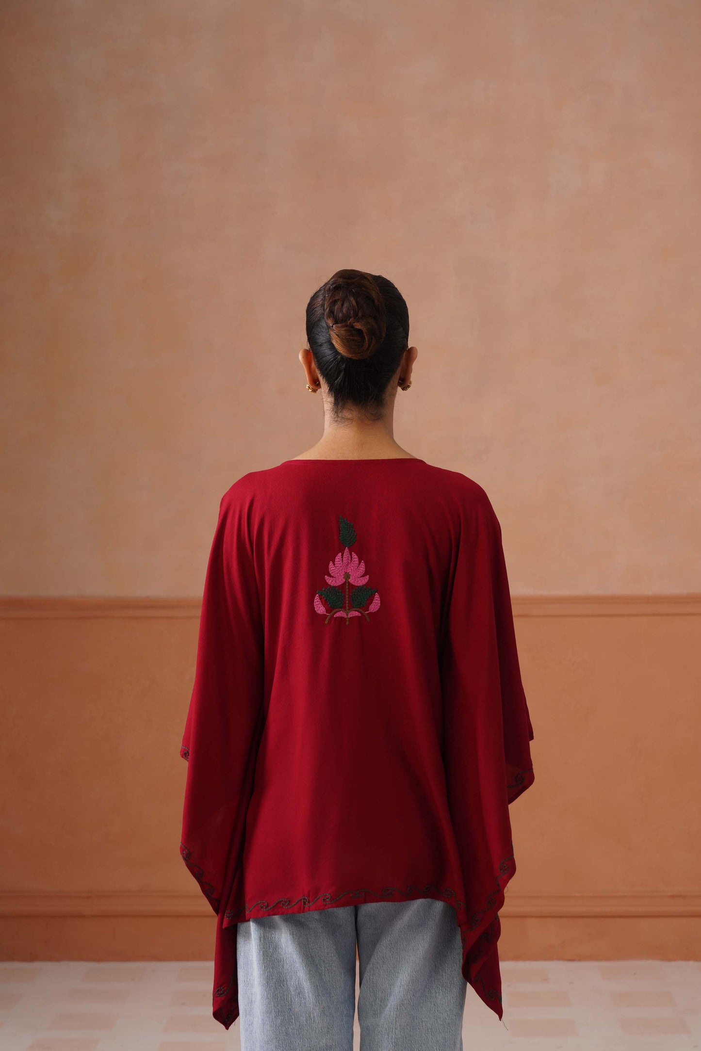 Ruby Maroon Floral Embroidered Kaftan Top with V-Neck
