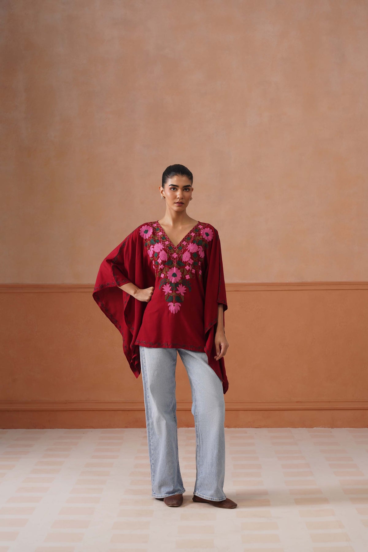 Ruby Maroon Floral Embroidered Kaftan Top with V-Neck