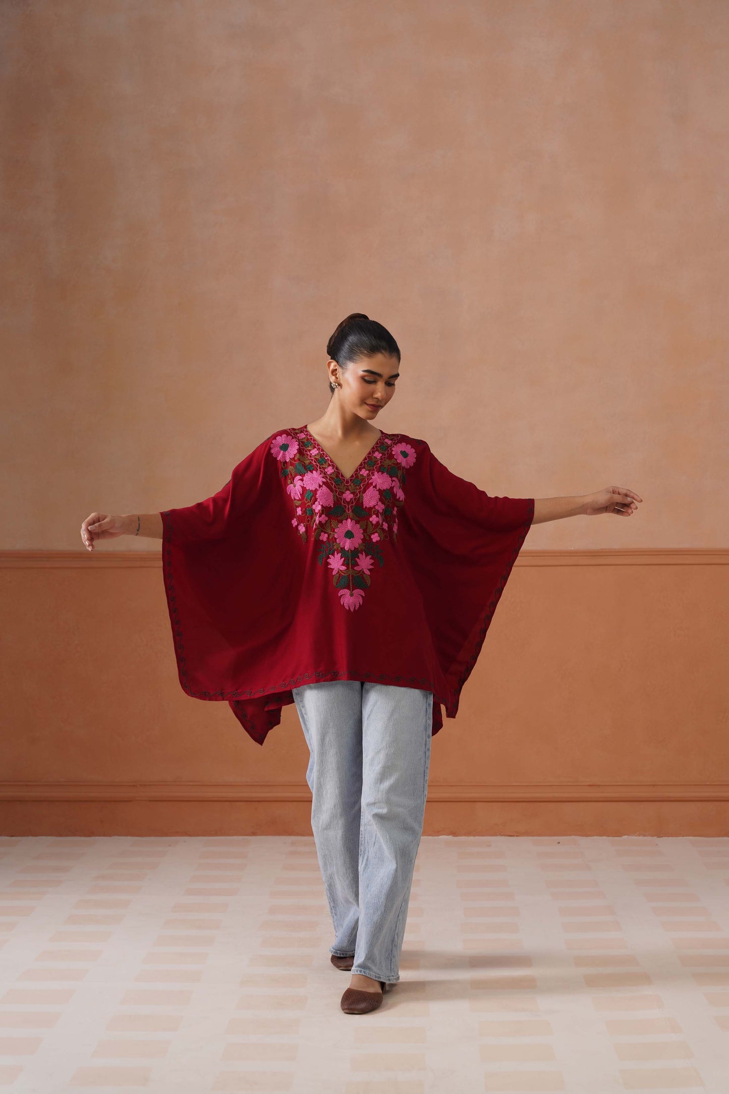 Ruby Maroon Floral Embroidered Kaftan Top with V-Neck