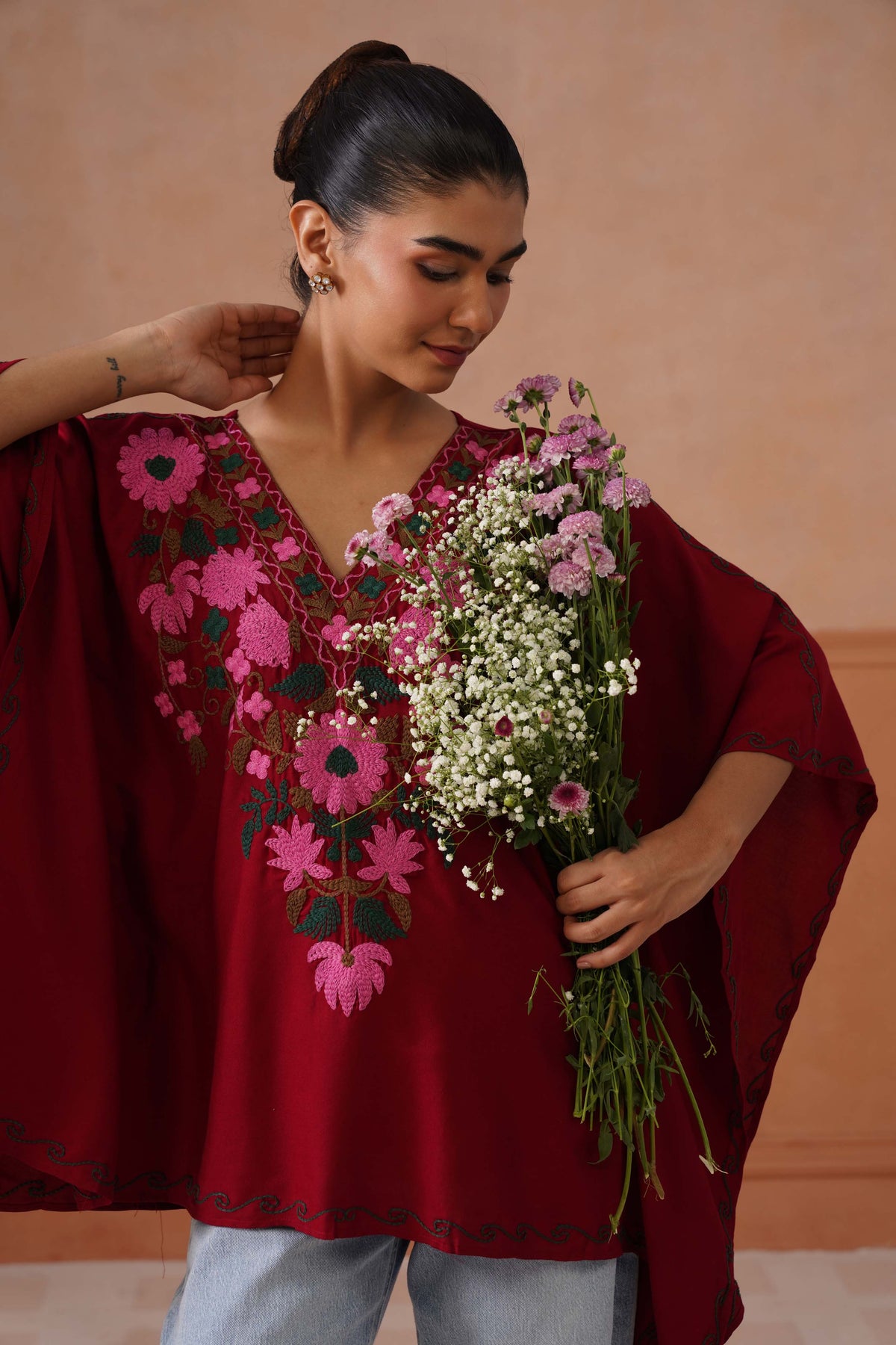 Ruby Maroon Floral Embroidered Kaftan Top with V-Neck