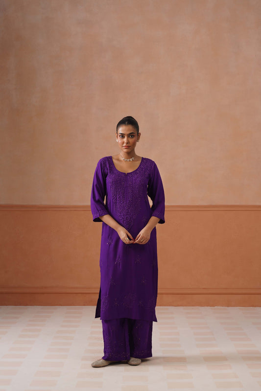 Gulistaan Purple 2 piece Rayon Kurta Plazzo set