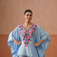 Ruby Ice Blue Floral Embroidered Kaftan Top with V-Neck