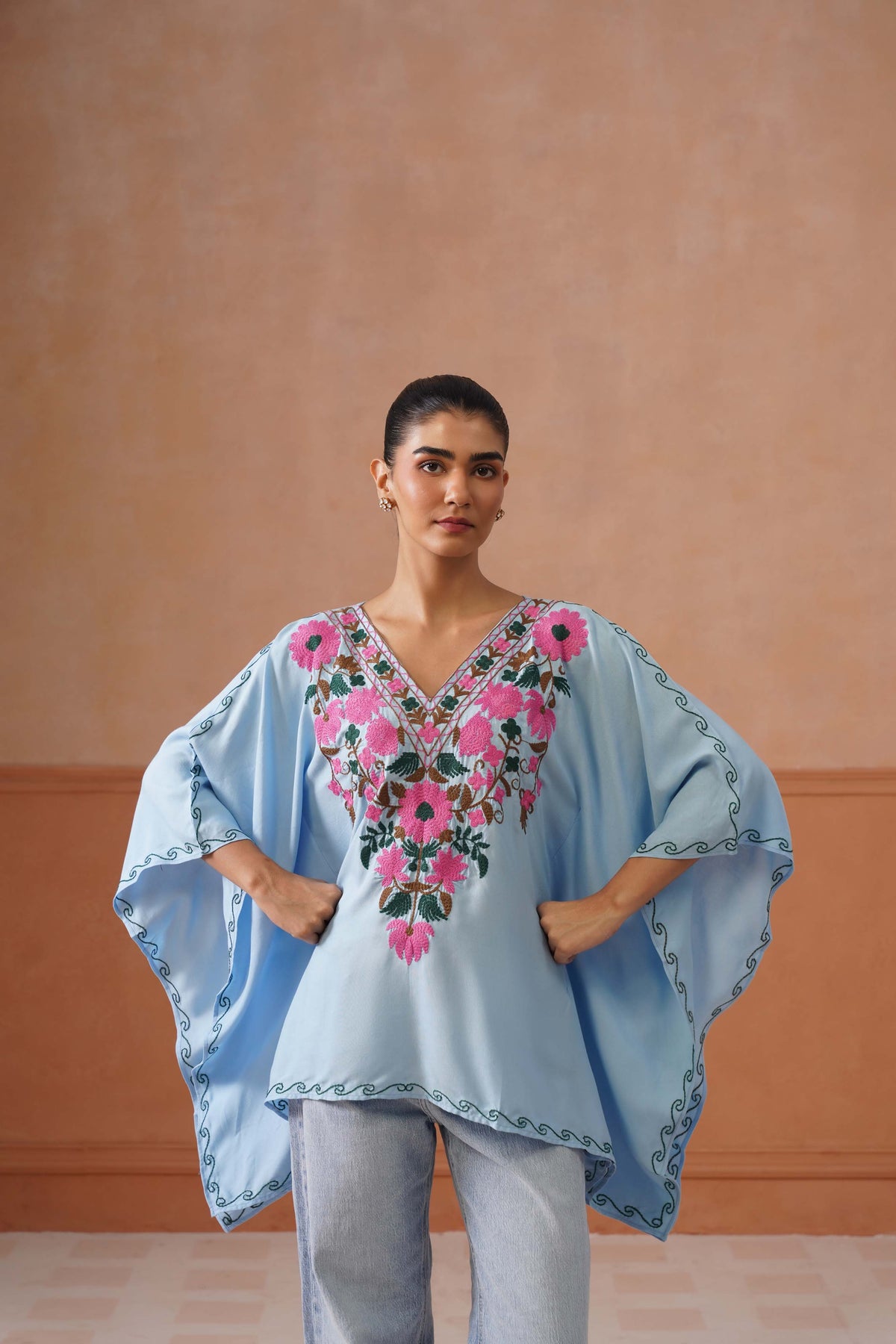 Ruby Ice Blue Floral Embroidered Kaftan Top with V-Neck