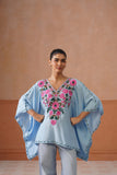 Ruby Ice Blue Floral Embroidered Kaftan Top with V-Neck