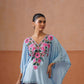 Ruby Ice Blue Floral Embroidered Kaftan Top with V-Neck