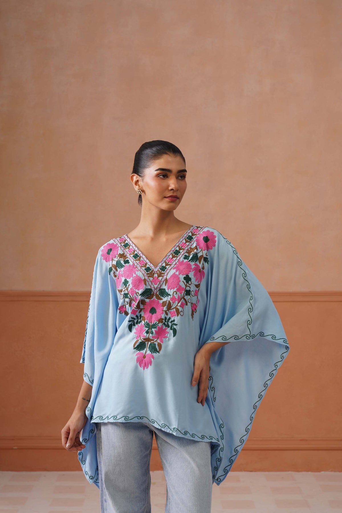 Ruby Ice Blue Floral Embroidered Kaftan Top with V-Neck