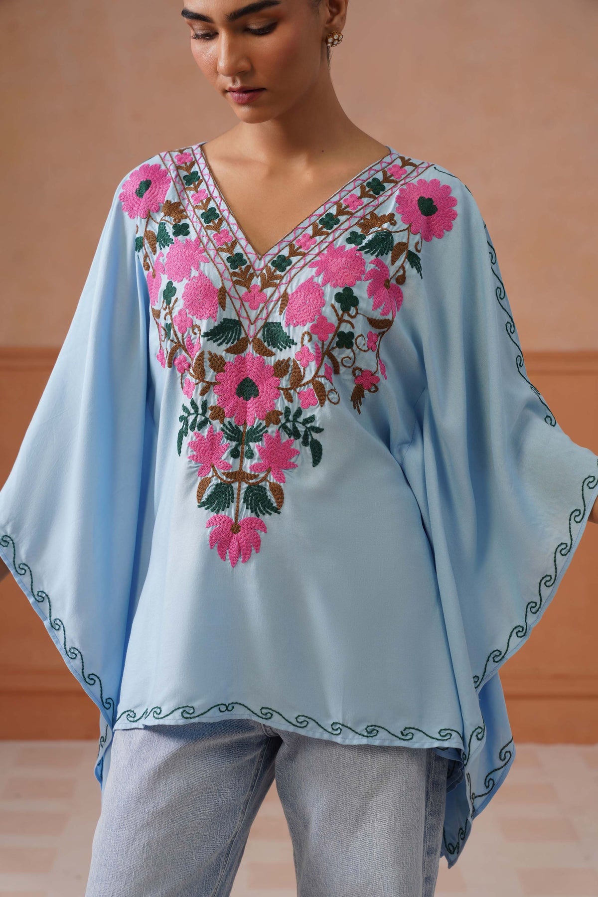 Ruby Ice Blue Floral Embroidered Kaftan Top with V-Neck