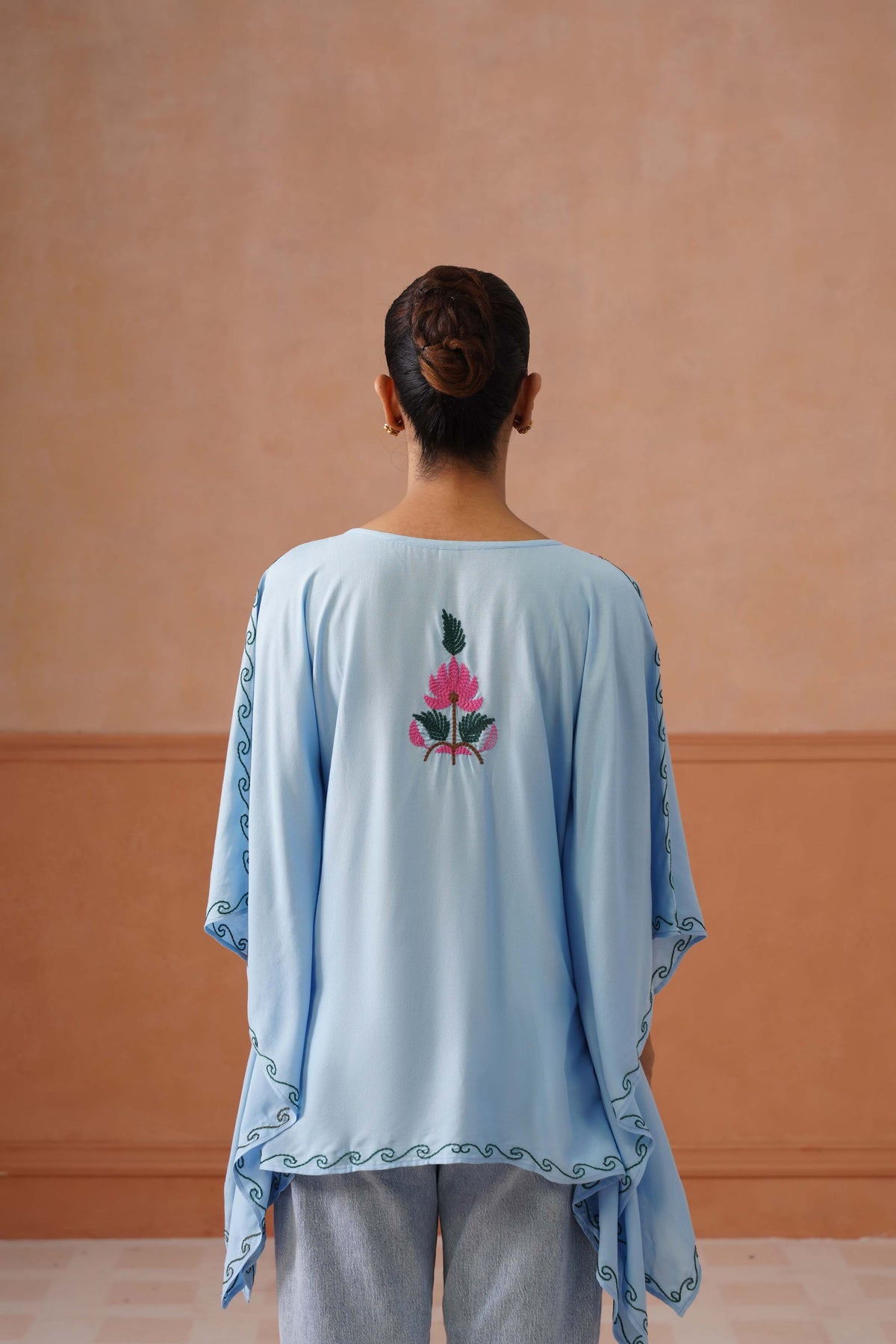 Ruby Ice Blue Floral Embroidered Kaftan Top with V-Neck