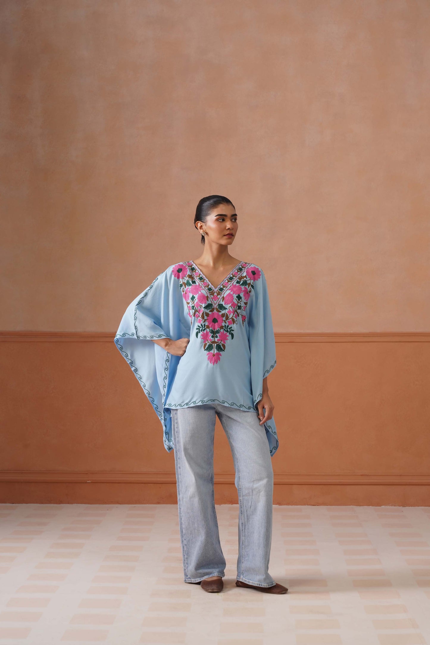 Ruby Ice Blue Floral Embroidered Kaftan Top with V-Neck