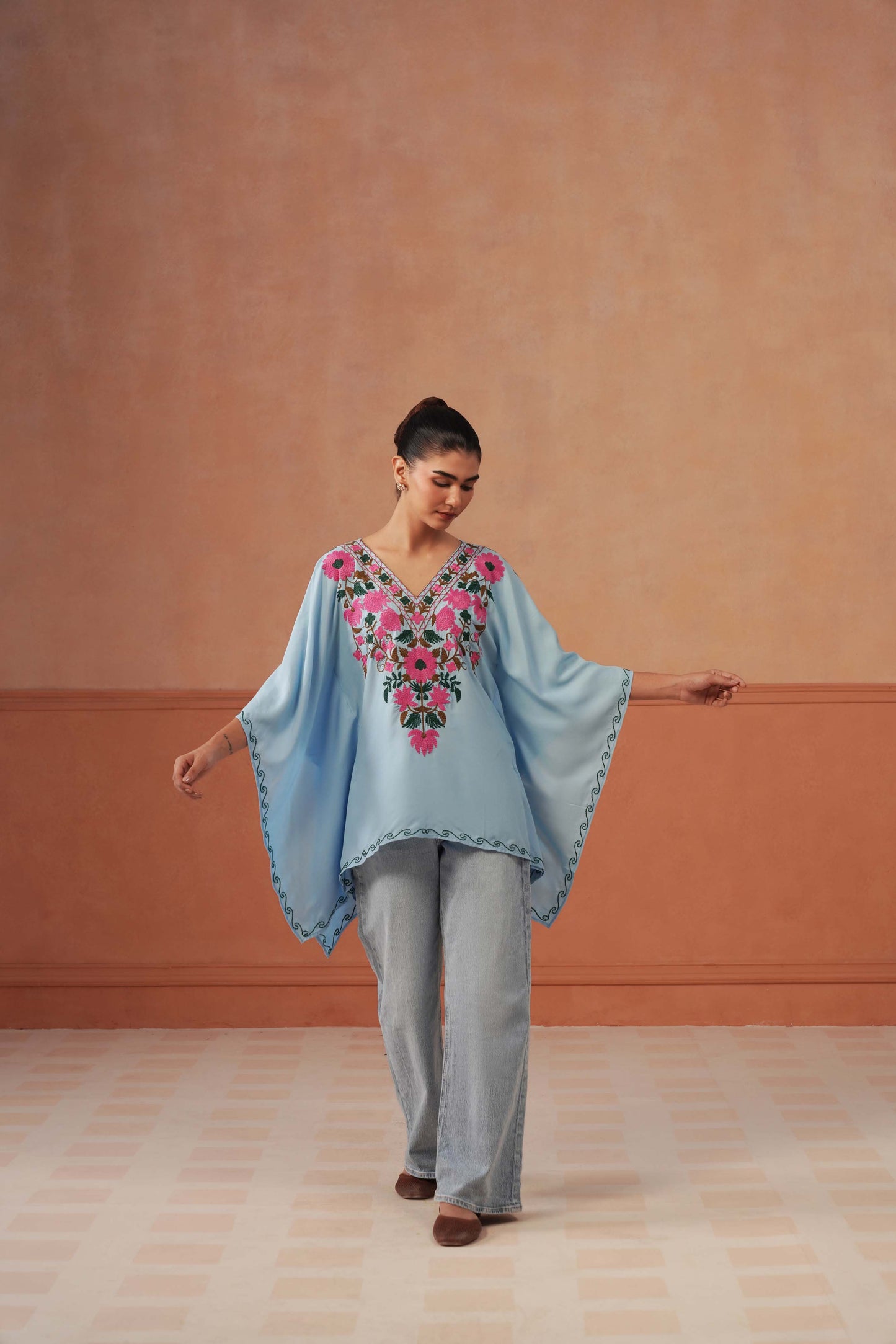 Ruby Ice Blue Floral Embroidered Kaftan Top with V-Neck
