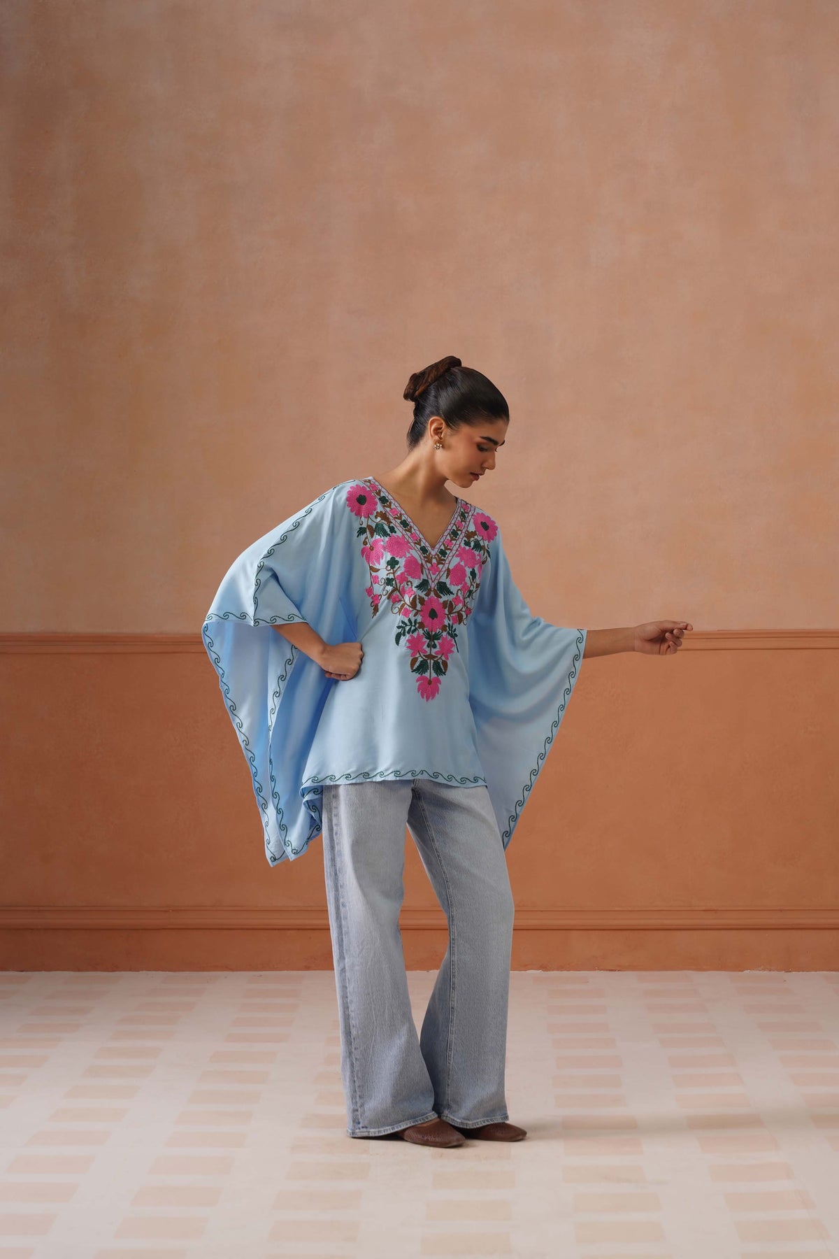 Ruby Ice Blue Floral Embroidered Kaftan Top with V-Neck