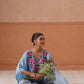 Ruby Ice Blue Floral Embroidered Kaftan Top with V-Neck