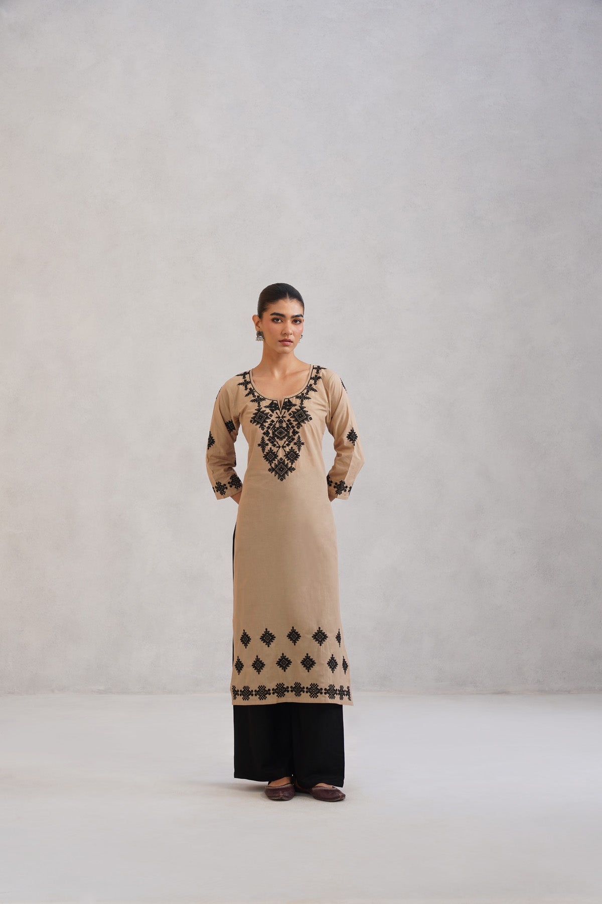 Dua Beige Embroidered Straight Long Kurta