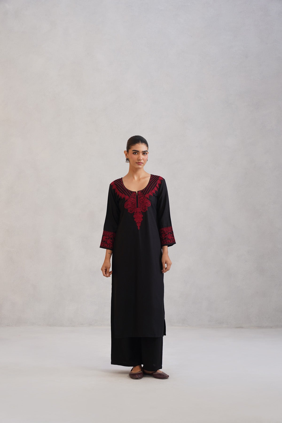 Hania Black Embroidered Straight Kurta with Palazzo Set