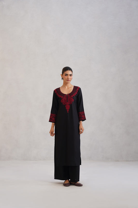 Hania Black Embroidered Straight Kurta with Palazzo Set