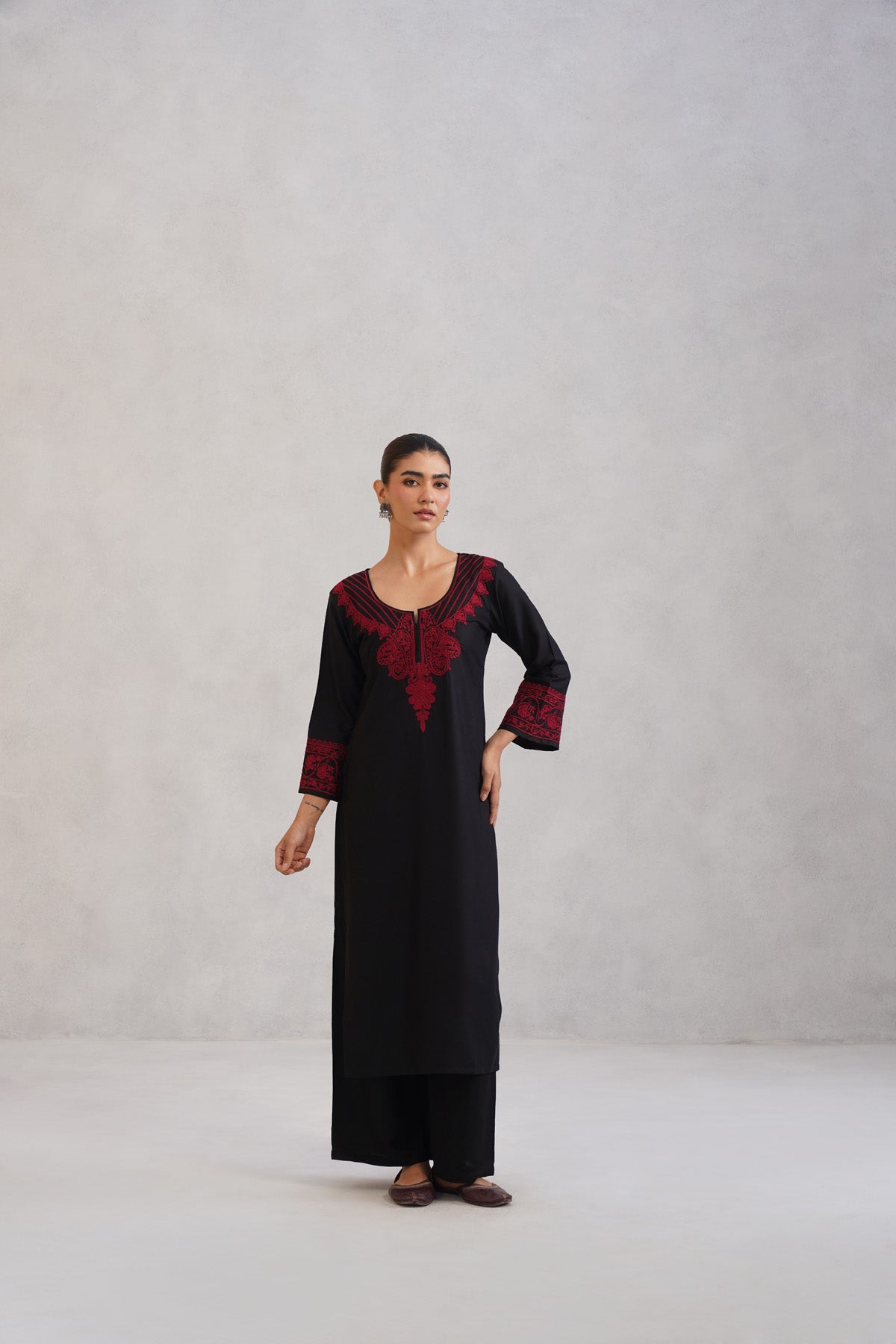 Hania Black Embroidered Straight Kurta with Palazzo Set