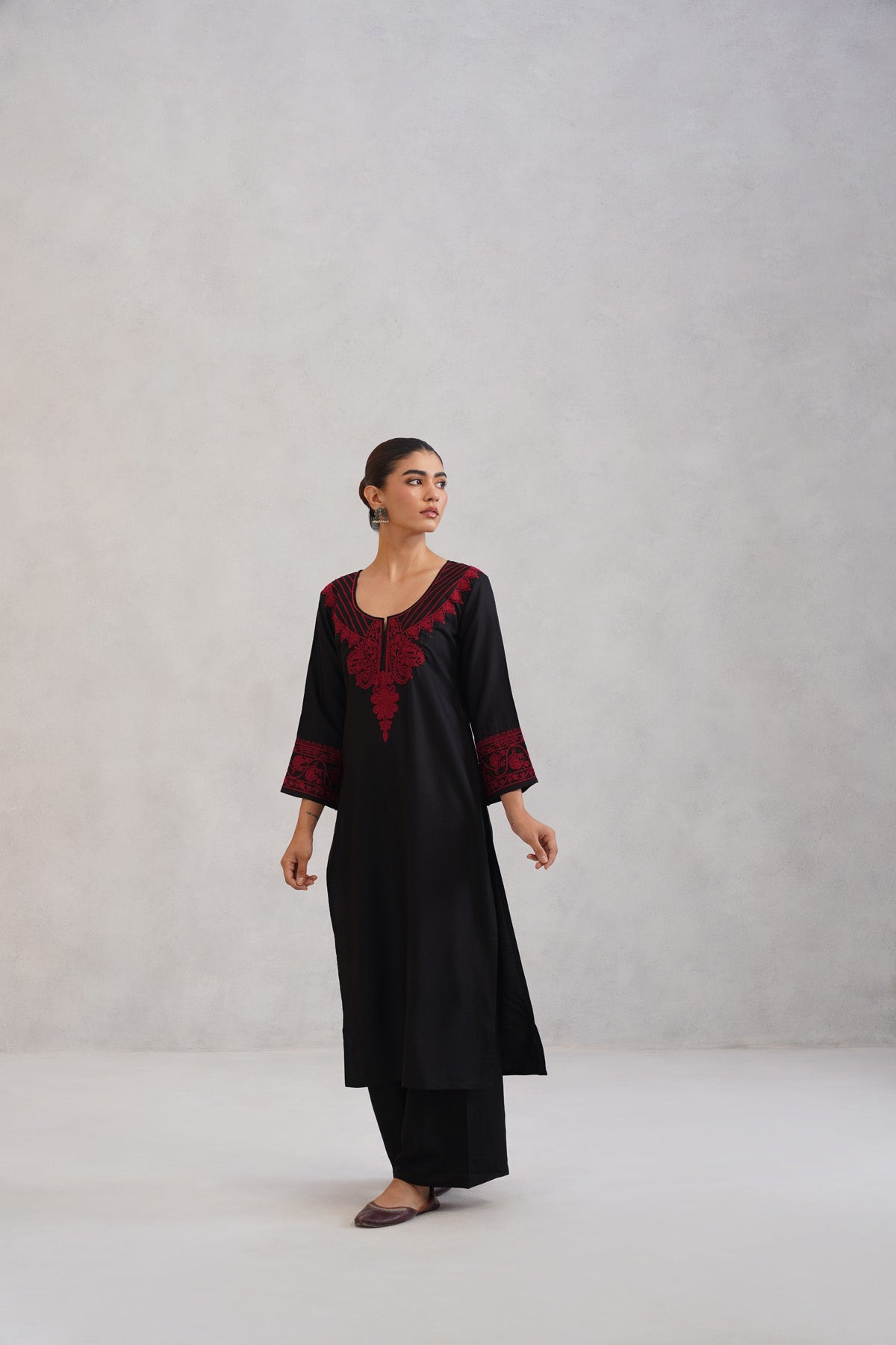 Hania Black Embroidered Straight Kurta with Palazzo Set
