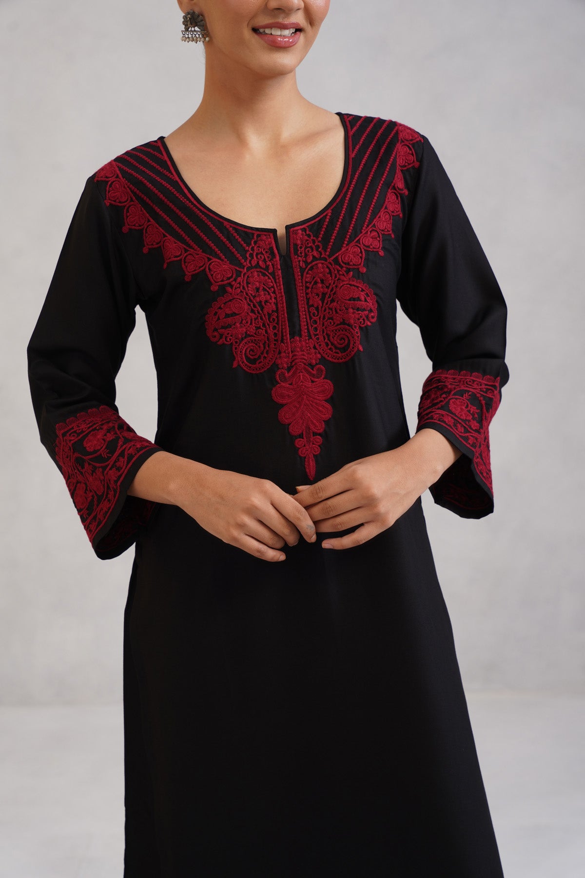 Hania Black Embroidered Straight Kurta with Palazzo Set