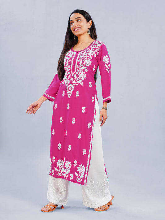 Inaya Pink Floral Embroidered Straight Kurta