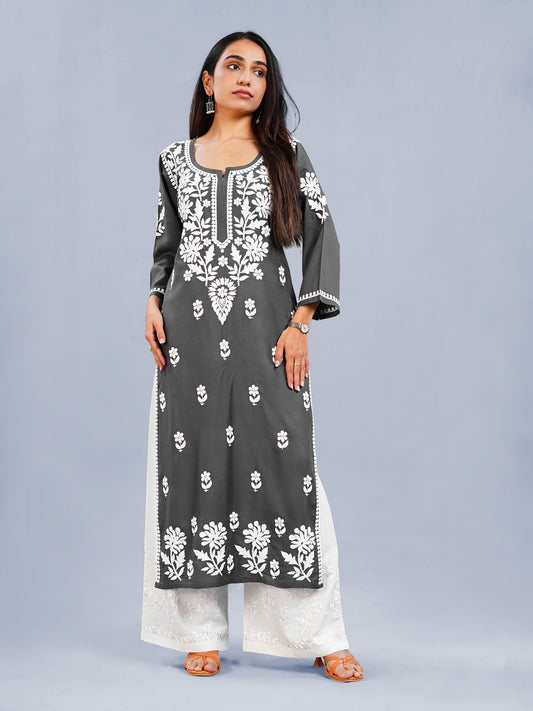 Inaya Dark Grey Floral Embroidered Straight Kurta