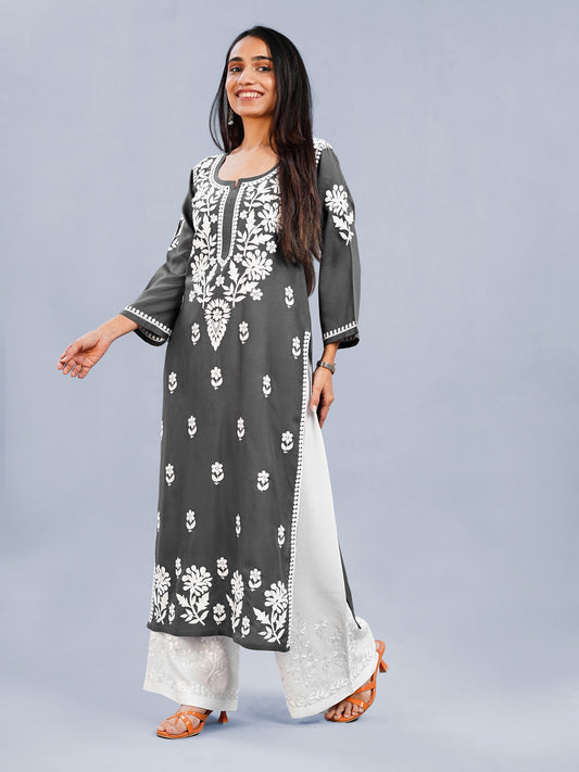 Inaya Dark Grey Floral Embroidered Straight Kurta