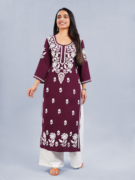 Inaya Maroon Floral Embroidered Straight Kurta