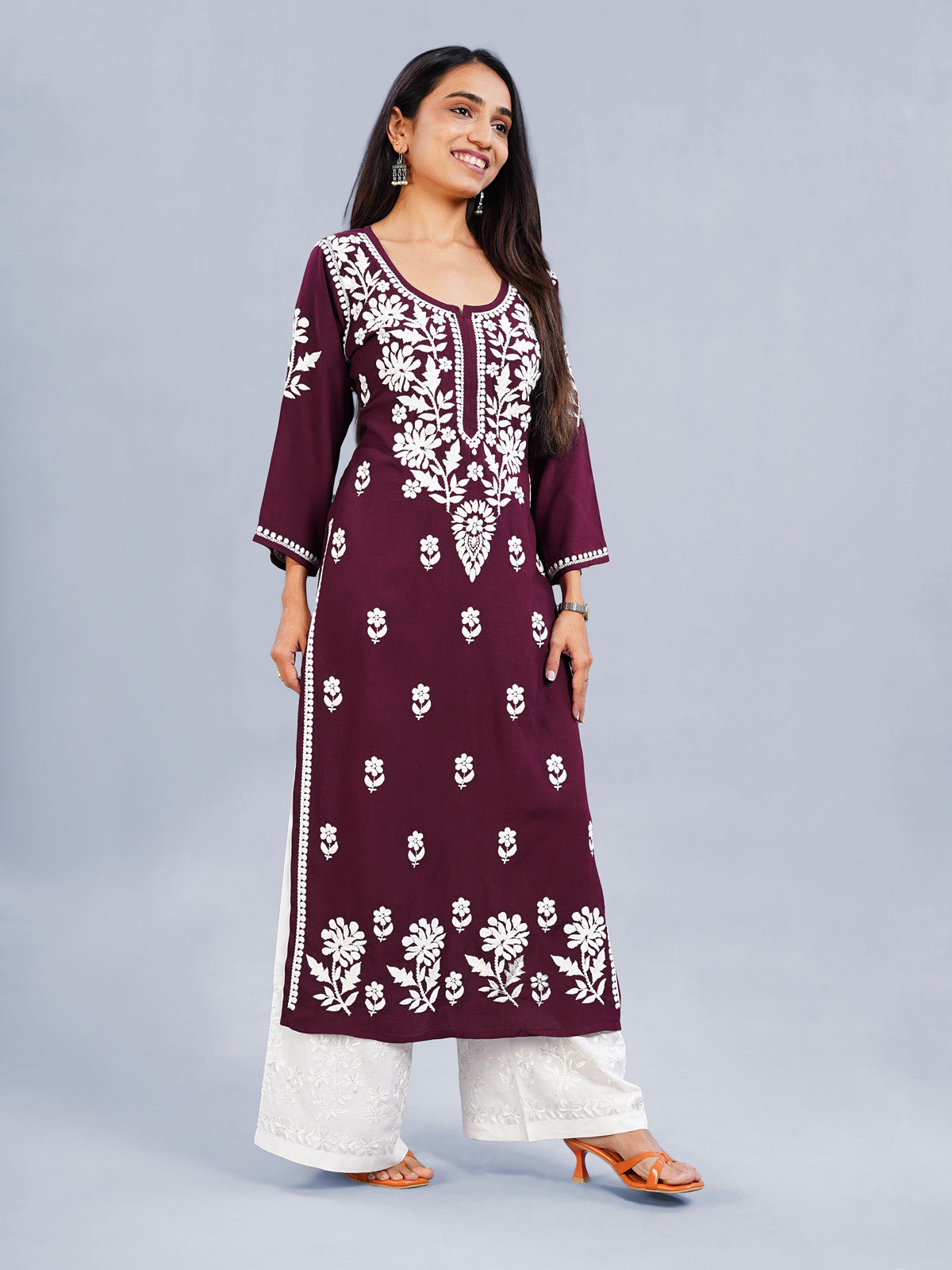 Inaya Maroon Floral Embroidered Straight Kurta