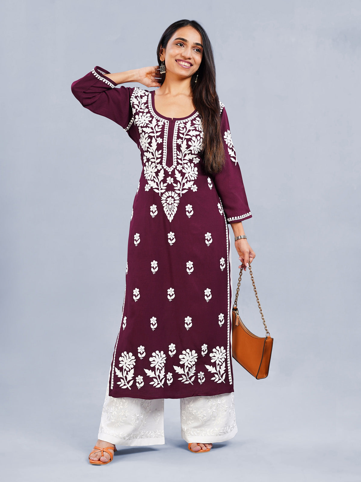 Inaya Maroon Floral Embroidered Straight Kurta