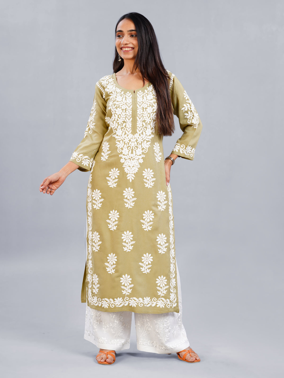 Nayra Olive Green Floral Embroidered Kurta Set