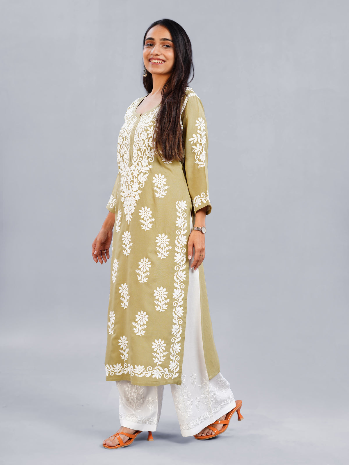 Nayra Olive Green Floral Embroidered Kurta Set